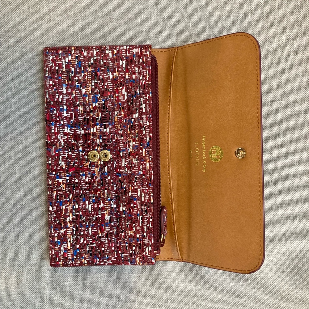 Lodis wallet, burgundy with red, blue & white